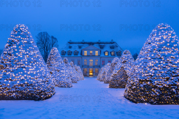 Wackerbarth castle with Christmas lights in the winter twilight, Radebeul, Saxony, Germany
