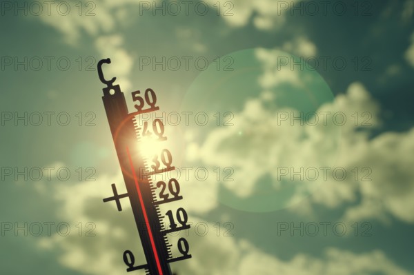Symbolic image heat wave, thermometer in the sun, summer, climate change, temperature, record heat, heat, clouds, hot, Stuttgart, Baden-Württemberg, Germany