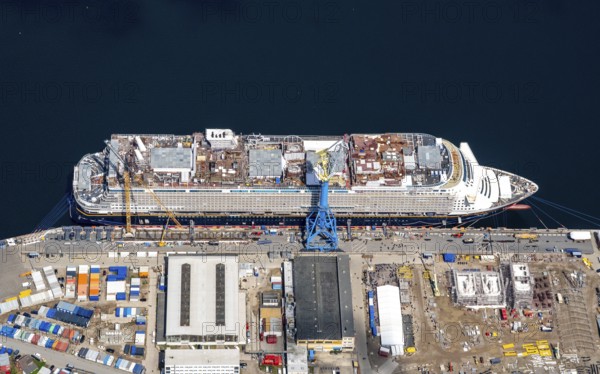 MEYER Group, MEYER WISMAR, shipyard, Wismar, cruise ship, Disney Cruise Line, Disney Adventure, shipbuilding, outfitting quay, crane, construction, completion, Baltic Sea, aerial view, Mecklenburg-Western Pomerania