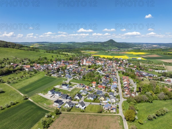 Aerial view of the municipality of Weiterdingen in Hegau, on the horizon the Hohenhewen, district of Constance, Baden-Württemberg, Germany