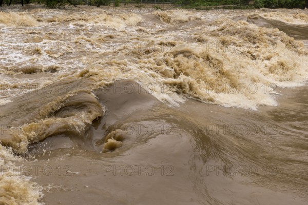 Symbolic image extreme weather, global warming, climate change, flood, flooded weir in Remseck an der Rems, Remstal, Remsec an der Rems, Baden-Württemberg, Germany