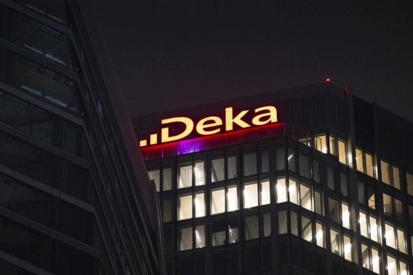 The Deka lettering shines red at a height of 228 metres on Tower 1 of the so-called Four Complex in Frankfurt am Main, the new headquarters of Deka Bank. Frankfurt am Main, Hesse, Germany