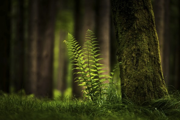 Genuine fern (Polypodiopsida, Filicopsida) in front of spruce forest, Grafenau, Freyung-Grafenau, Bavarian Forest, Lower Bavaria, Germany