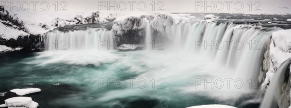 Góðafoss Waterfall, panoramic view, waterfall of the Gods, Godafoss in winter with snow and ice, Northwestern Region, North Iceland, Iceland