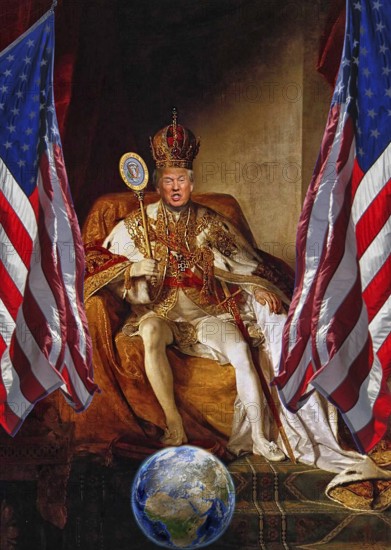 Symbolic image, King Donald, world at his feet, Donald Trump sees himself as a majesty above the law, US democracy in danger, political blackmail, EU and Germany under political pressure, industry, tariff threats, Elon Musk, Mark Zuckerberg, social networks, fake news, rights broken, hate, agitation, DSG Digital Services Act, re-election, USA, politics, announcements, vendetta, wanted dictator, Republicans, US electoral system, global danger, lies, 2nd term, Ukraine war, storm White House, Trump's election, Trump's election, Trump's election. term, global burden, Ukrainian war, White House storm