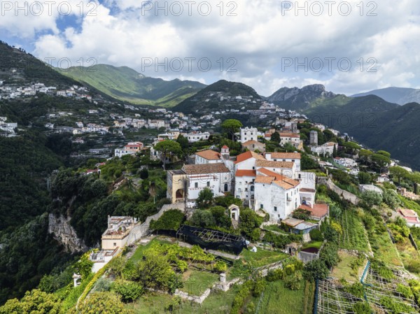 View of Ravello from a drone, Amalfi Coast, Tyrrhenian Sea, Salerno, Campania, Italy