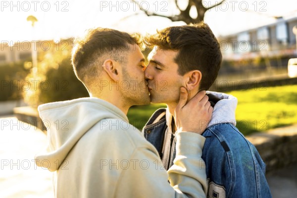 Romantic gay couple sharing a tender kiss in a park, enveloped in the warm glow of a breathtaking sunset, celebrating their love