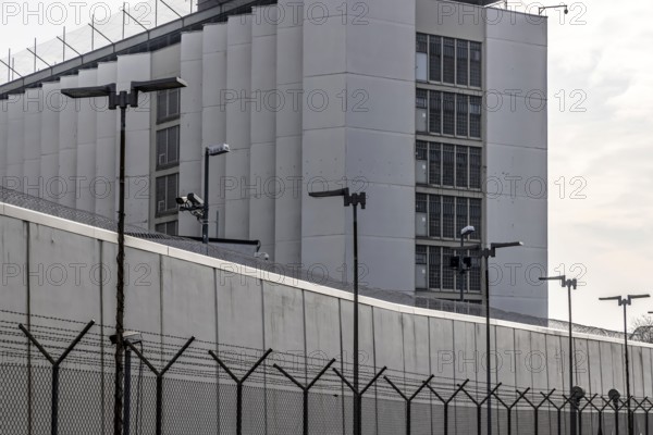 Stammheim prison, JVA. Exterior view with prison wall and barbed wire. Stuttgart, Baden-Württemberg, Germany