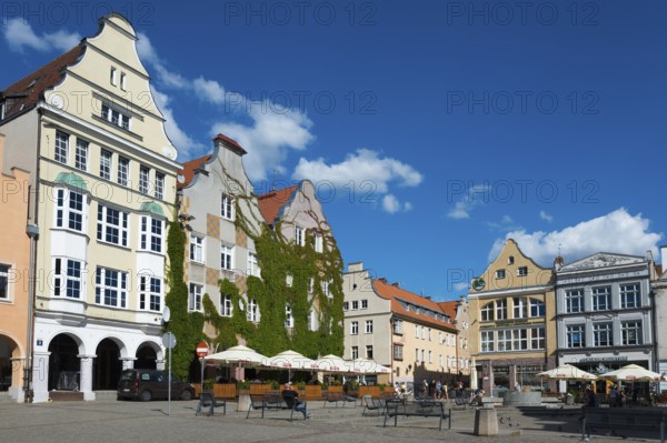 Impressive half-timbered houses in a sunlit street with lots of greenery, market square, Old Town, Olsztyn, Alleinstein, Warmia-Masuria, Poland