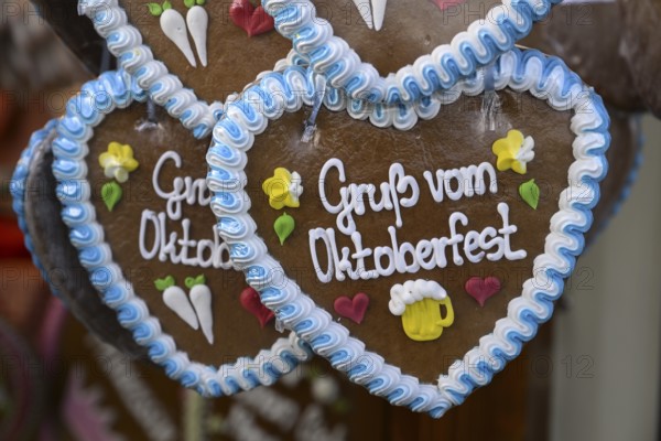 Gingerbread hearts at a candy stand at the Oktoberfest, Munich, Bavaria, Germany