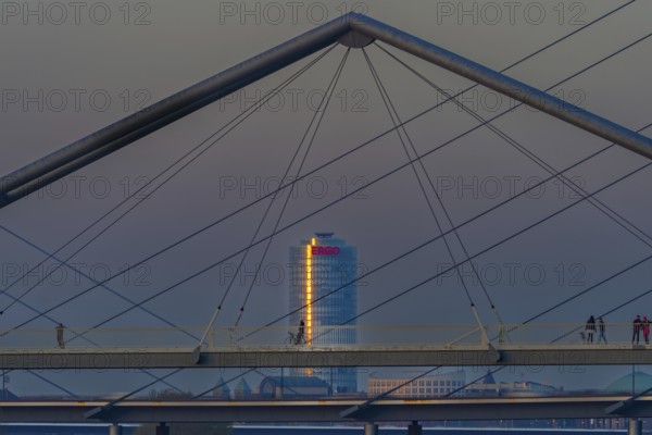 View from the pedestrian bridge in the Media Harbour to the Victoria House, headquarters of ERGO Versicherung in the Pempelfort district, Düsseldorf, North Rhine-Westphalia, Germany Europe