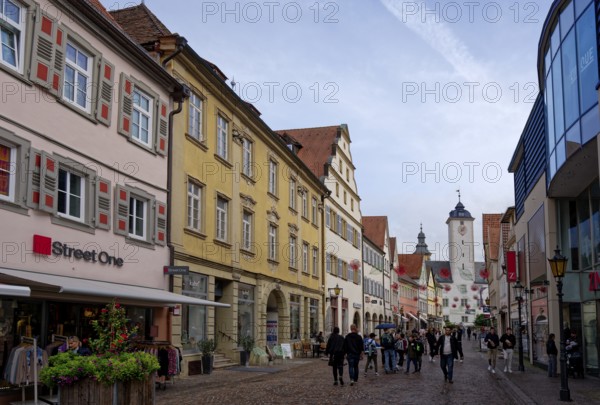 Shops and residential buildings in Burgstraße in the old town centre of Bad Mergentheim. Baden-Würtemberg, Germany