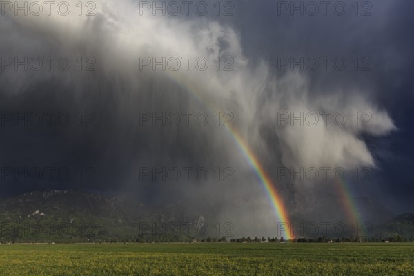 Rainbow, thundercloud, shower, evening light, summer, Loisach-Lake Kochel moor, Kochler mountains, Alpine foothills, Bavaria, Germany