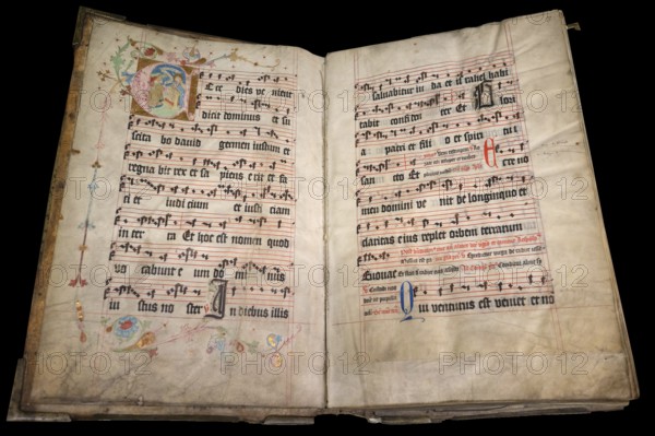 Inside pages of the antique songbook of Gregorian chant from 1471, Bavaria, Germany