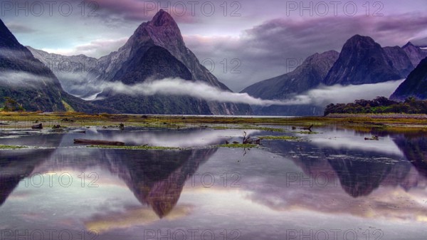 Milford Sound, fog, reflection, lake, South Island, mountains, New Zealand, Milford Sound, South Island, New Zealand
