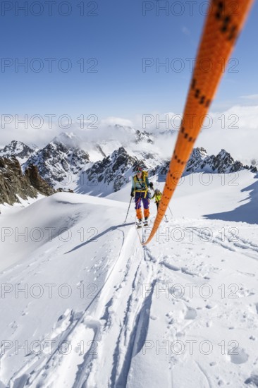 Ski tourer with rope, rope team on the Vadret da Porchabella glacier on the ascent to the summit of Piz Kesch, mountain landscape in winter, alpine tour, ski tour Bündner Haute Route, Albula Alps, Rhaetian Alps, Grisons, Eastern Switzerland, Switzerland