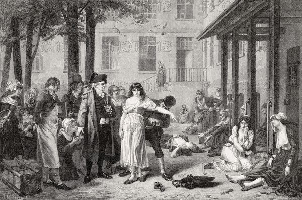 Dr. Philippe Pinel ordering the removal of chains from patients at the Paris Asylum for insane women, 18th century
