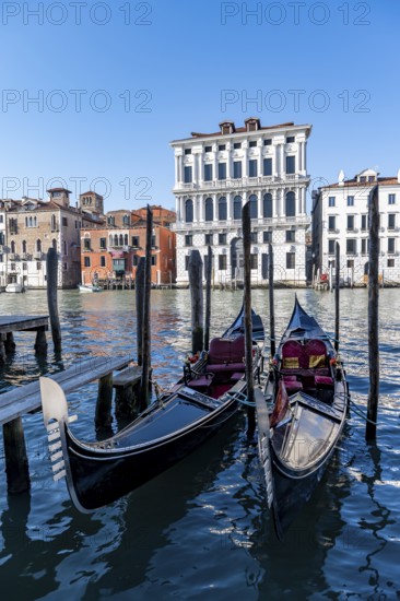 Gondolas at the jetty on the Grand Canal, Venice, Veneto, Italy