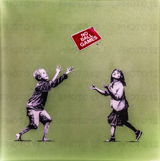 Banksy - No Ball Games, children obey and break the rules at the same time, 2009, Tottenham, London, UK, exhibition The World of Banksy