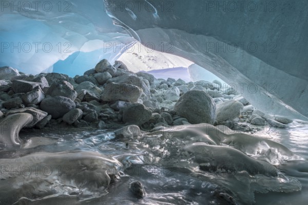 Ice cover in the glacier cave, Glacier Gate, Zinal Glacier, Zinal, Val d' Anniviers, Valais, Switzerland