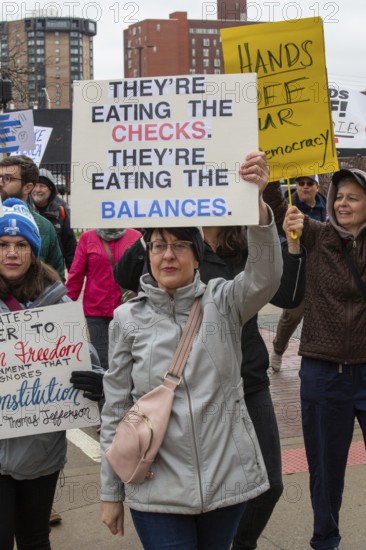Detroit, Michigan USA - 5 April 2025 - A 'Hands Off' demonstration protests the Trump Administration's cuts to government programs. It was one of hundreds of coordinated protests across the United States