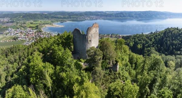 Aerial view, panorama of Lake Constance with the ruins of Altbodman, Bodman-Ludwigshafen, district of Constance, Baden-Württemberg, Germany