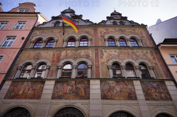 Wall paintings on the exterior façade, German flag, town hall, Constance, Baden-Württemberg, Germany