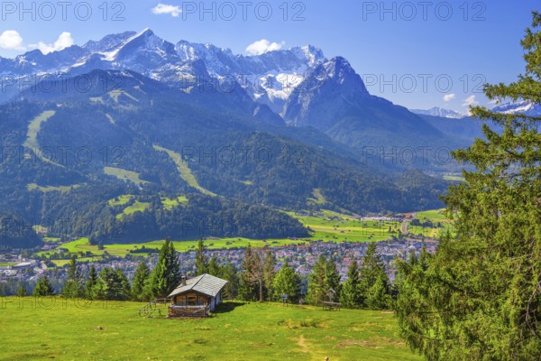 Eckenhütte on the Wank 1780m with views of the valley, town and Zugspitze group 2962m, Garmisch-Partenkirchen, Loisachtal, Werdenfelser Land, Upper Bavaria, Bavaria, Germany