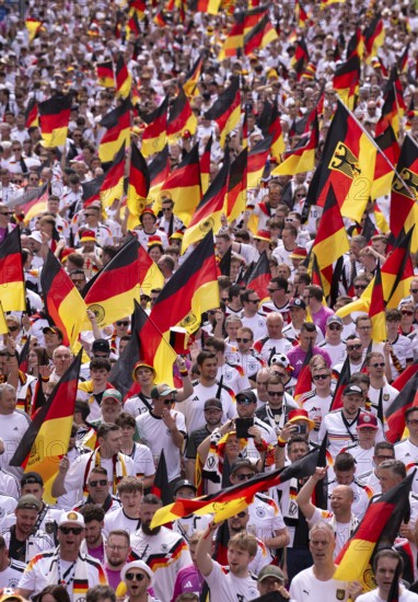 Fan march, German football fans march to the quarter-final Spain versus Germany, UEFA EURO 2024, European Championship, flags, sea of flags, atmosphere, atmospheric, fan club DFB, German Football Association, B14, Cannstatter Straße, Stuttgart, Baden-Württemberg, Germany