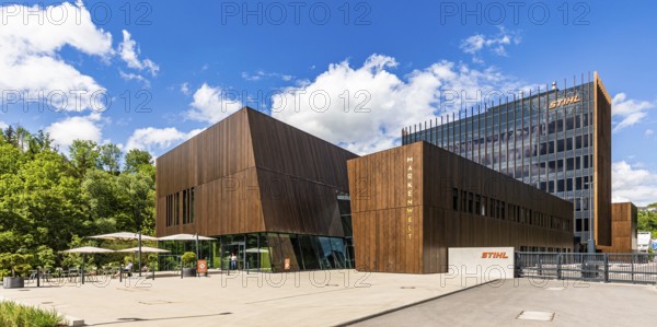 Exterior view of Stihl brand world, museum with café, Stihl AG, Waiblingen, Baden-Württemberg, Germany