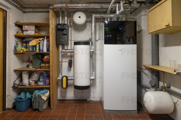 Newly installed air source heat pump in a basement, heating, Kamen, North Rhine-Westphalia, Germany