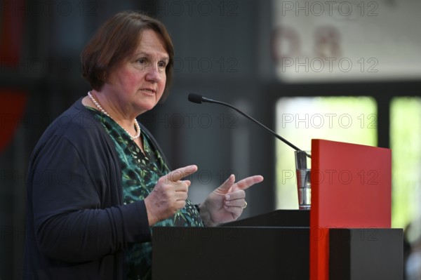 Theresa Schopper Bündnis 90 Die Grünen Minister for Culture, Youth and Sport Baden-Württemberg, at the lectern during a symposium organised by the WLSB, Württembergischer Landessportbund e.V. SpOrt, Haus des Sports, Stuttgart, Baden-Württemberg, Germany