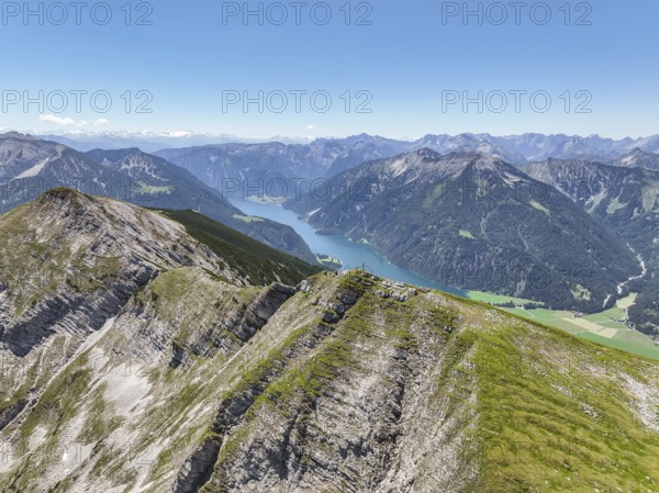 Aerial view, summit ridge of the Unnütz, behind Achensee and Seekarspitze, Unnütz crossing, Brandenberg Alps, Tyrol, Austria