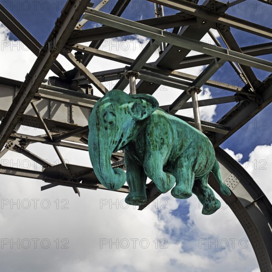 Elephant sculpture on an arch of the Wuppertal suspension railway, artist Jörg Mazur, LVR Industrial Museum, Oberhausen, Germany