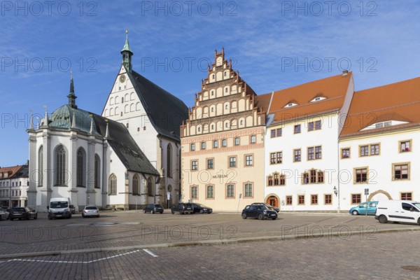 Untermarkt with cathedral and town and mining museum, Freiberg, Saxony, Germany