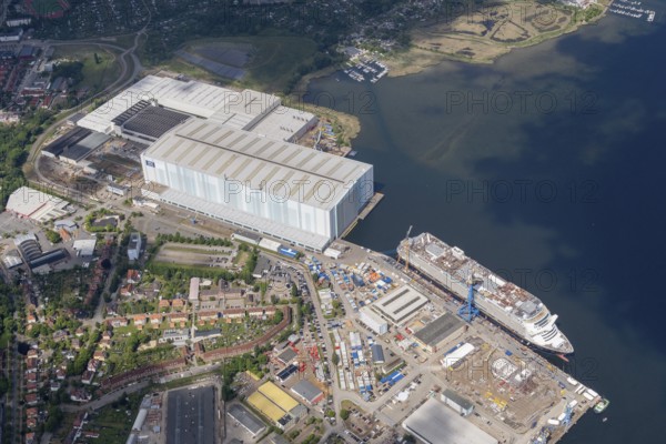 Cruise ship, Disney Adventure, shipyard hall, MV Werft, Germany, Mecklenburg-Western Pomerania, Wismar, harbour, shipyard, industry, shipbuilding, aerial view, Thyssenkrupp, Marine System, Meyer Wismar