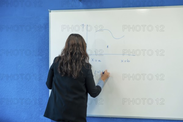 University professor explaining a mathematical function to students, writing on a whiteboard in a classroom