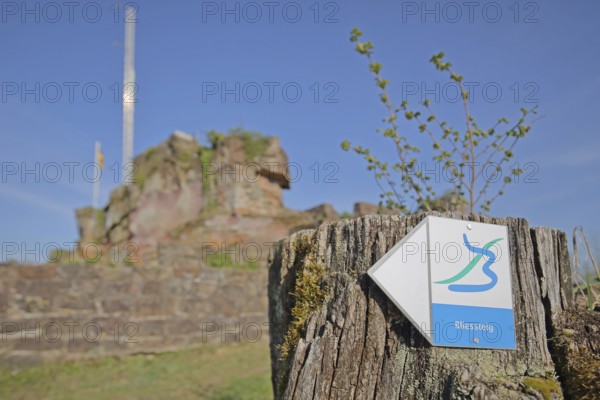 Hiking trail Bliessteig, symbol, sign, signpost, signpost, hiking, hiking, tree stump, rock, depth of field, blur, castle ruins Hohenburg, Schlossberg, Homburg, Saarland, Germany