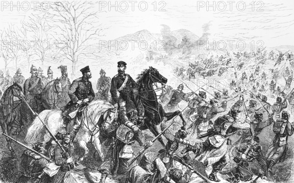 Prince Frederick Charles of Prussia at the Battle of Le Mans, France, French General Chanzy, Franco-Prussian War 1870-1871, officers on horseback, armies, soldiers with rifles in close combat, dead, wounded, cruelty, historical illustration 1884