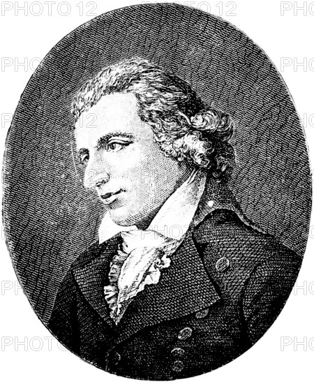 Johann Christoph Friedrich von Schiller (1759 Marbach, 1805 Weimar) Portrait by Simanowitz 1793, important playwright and poet, historical dramas, Sturm und Drang, Weimar Classicism, historical illustration 1883