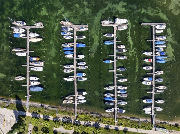 Luftbild, Top down view vom Yachthafen, Marina, Hafen von Unteruhldingen, Bodenseekreis, Bodensee, Baden-Württemberg, Deutschland