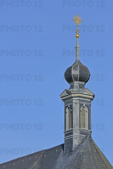 Spire of the baroque castle church built in 1773 with golden weather vane, turret, ridge turret, slate roof, castle, Blieskastel, Bliesgau, Saarland, Germany