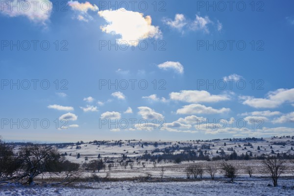 Wide, snow-covered landscape under a bright blue sky with clouds and sunlight, winter, Oberelsbach, Lange Rhön, Rhön, Bavaria, Germany