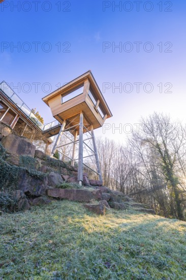 Modern tree house with large windows on a natural cliff, Hotel Krone Lamm, Zavelstein, Black Forest, Germany