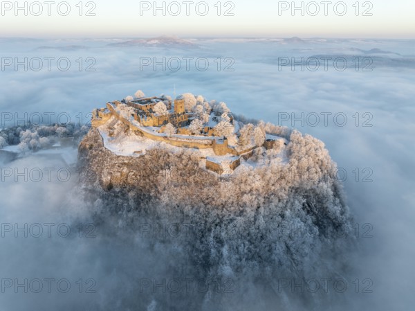 Aerial view of the Hegau volcano Hohentwiel with Germany's largest fortress ruins on a cold, foggy winter morning, at sunrise, on the horizon seen from the left the Hegau mountains Hohenstoffeln, Hohenhewen and Mägdeberg, Singen am Hohentwiel, district of Constance, Baden-Württemberg, Germany