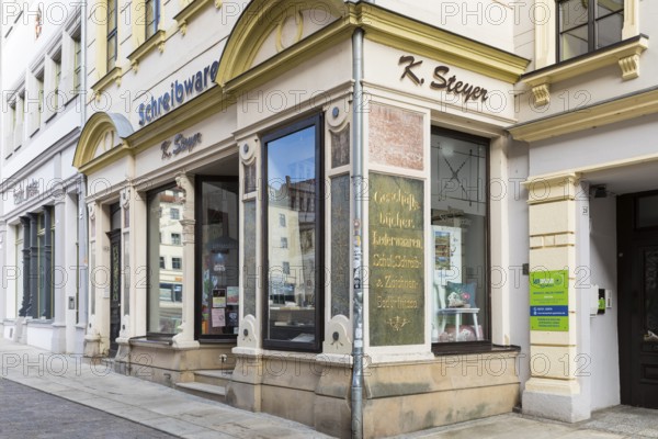 Historic facade of a stationery shop on the Obermarkt, Freiberg, Saxony, Germany