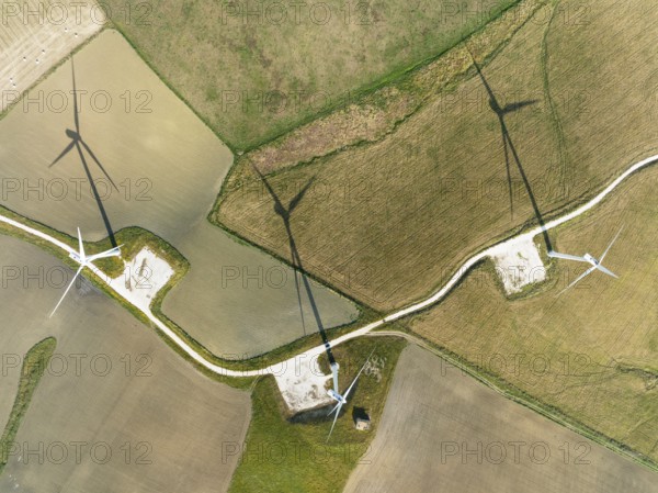 Windmills on a wind farm near Zahara de los Atunes, aerial view, drone shot, Cádiz province, Andalusia, Spain