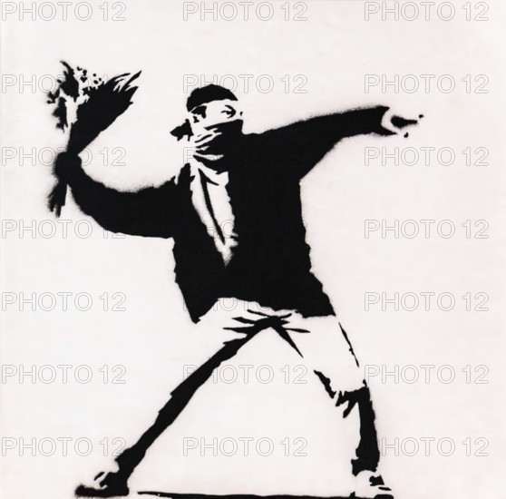Banksy - Flower Thrower, revolutionary violence against pacifist fervour, 2003, exhibition The World of Banksy