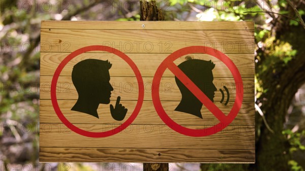 Wooden sign in the forest with symbols indicating peace and tranquillity, Butterfly Valley, Butterfly Valley, Rhodes, Dodecanese, Greek Islands, Greece