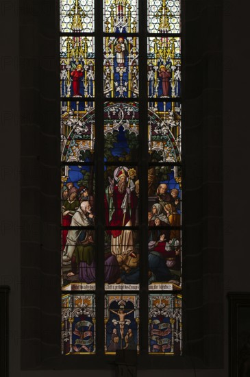 Interior view, late Gothic stained glass window, church window, parish church, parish church of St Nicholas, Merano, Merano, South Tyrol, Autonomous Province of Bolzano, Italy